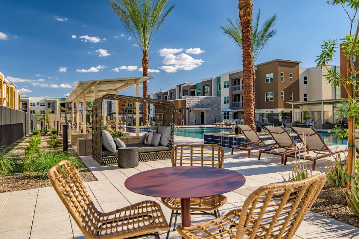 Origin Goodyear outdoor lounge with comfortable seating and community gathering space.